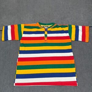 Vintage 80s Surf Style Multi Color‎ Striped Short Sleeve Henley Y2k Beachwear